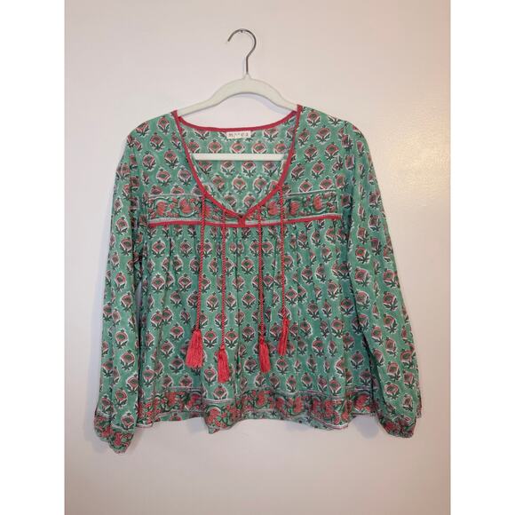 Tuckernuck Marea Green Pink Floral Tassel Blouse Peasant Boho Cottagecore Small - Picture 3 of 8